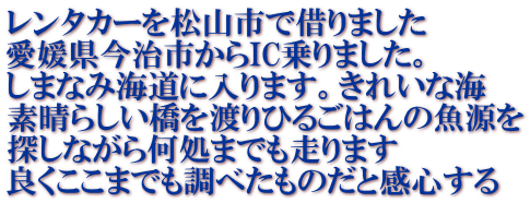 レンタカーを松山市で借りました 愛媛県今治市からIC乗りました。 しまなみ海道に入ります。きれいな海 素晴らしい橋を渡りひるごはんの魚源を 探しながら何処までも走ります 良くここまでも調べたものだと感心する
