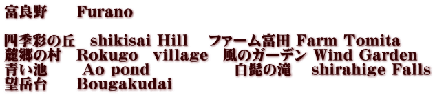 富良野　　Furano  四季彩の丘　shikisai Hill 　ファーム富田 Farm Tomita 麓郷の村　Rokugo　village　風のガーデン Wind Garden 青い池　 　Ao pond 　　　　　 白髭の滝　 shirahige Falls 望岳台　　Bougakudai