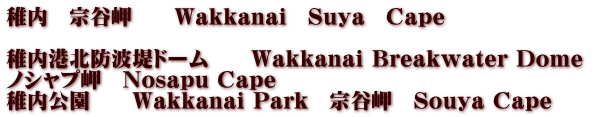 稚内　宗谷岬　　Wakkanai　Suya　Cape 　  稚内港北防波堤ドーム　　Wakkanai Breakwater Dome　 ノシャプ岬　Nosapu Cape 稚内公園　　Wakkanai Park　宗谷岬　Souya Cape