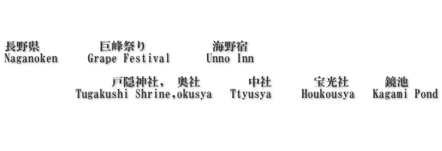    長野県　 　     巨峰祭り           海野宿      Naganoken     Grape Festival      Unno Inn                    戸隠神社,　奥社　　    中社　　   宝光社　　　鏡池 　　　　　　Tugakushi Shrine,okusya   Ttyusya     Houkousya　 Kagami Pond    