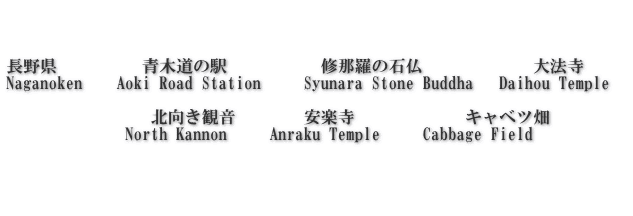    長野県　 　     青木道の駅           修那羅の石仏　　　       大法寺      Naganoken  　Aoki Road Station     Syunara Stone Buddha   Daihou Temple                   北向き観音　　    安楽寺　　　       キャベツ畑 　　　　　　　North Kannon     Anraku Temple     Cabbage Field 　　　　　　   