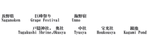    長野県　 　     巨峰祭り           海野宿      Naganoken     Grape Festival      Unno                 戸隠神社,　奥社　　　 中社　　   宝光社  　　　鏡池 　　　　Tugakushi Shrine,Okusya    Tyusya     Houkousya　　Kagami Pond    