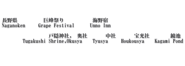   長野県　 　     巨峰祭り           海野宿      Naganoken     Grape Festival      Unno Inn                    戸隠神社,　奥社　　   中社　　   宝光社     　 鏡池 　　　　Tugakushi Shrine,Okusya    Tyusya     Houkousya　　Kagami Pond    