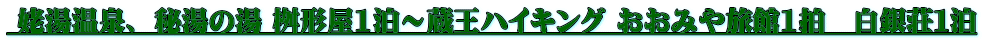  姥湯温泉、 秘湯の湯 桝形屋1泊～蔵王ハイキング おおみや旅館1拍　白銀荘１泊